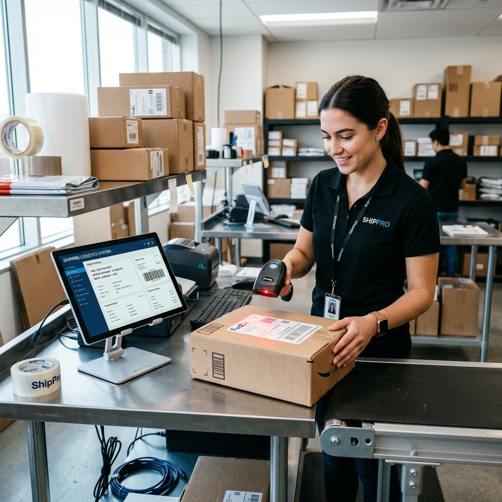 Store clerk scanning package